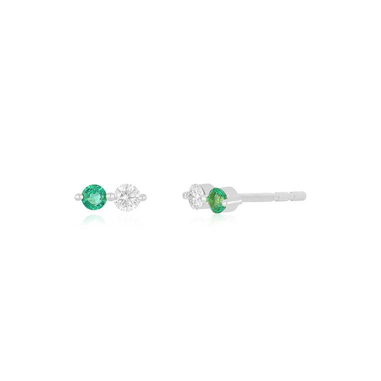 Diamond & Emerald Double Stud Earring in 14k white gold