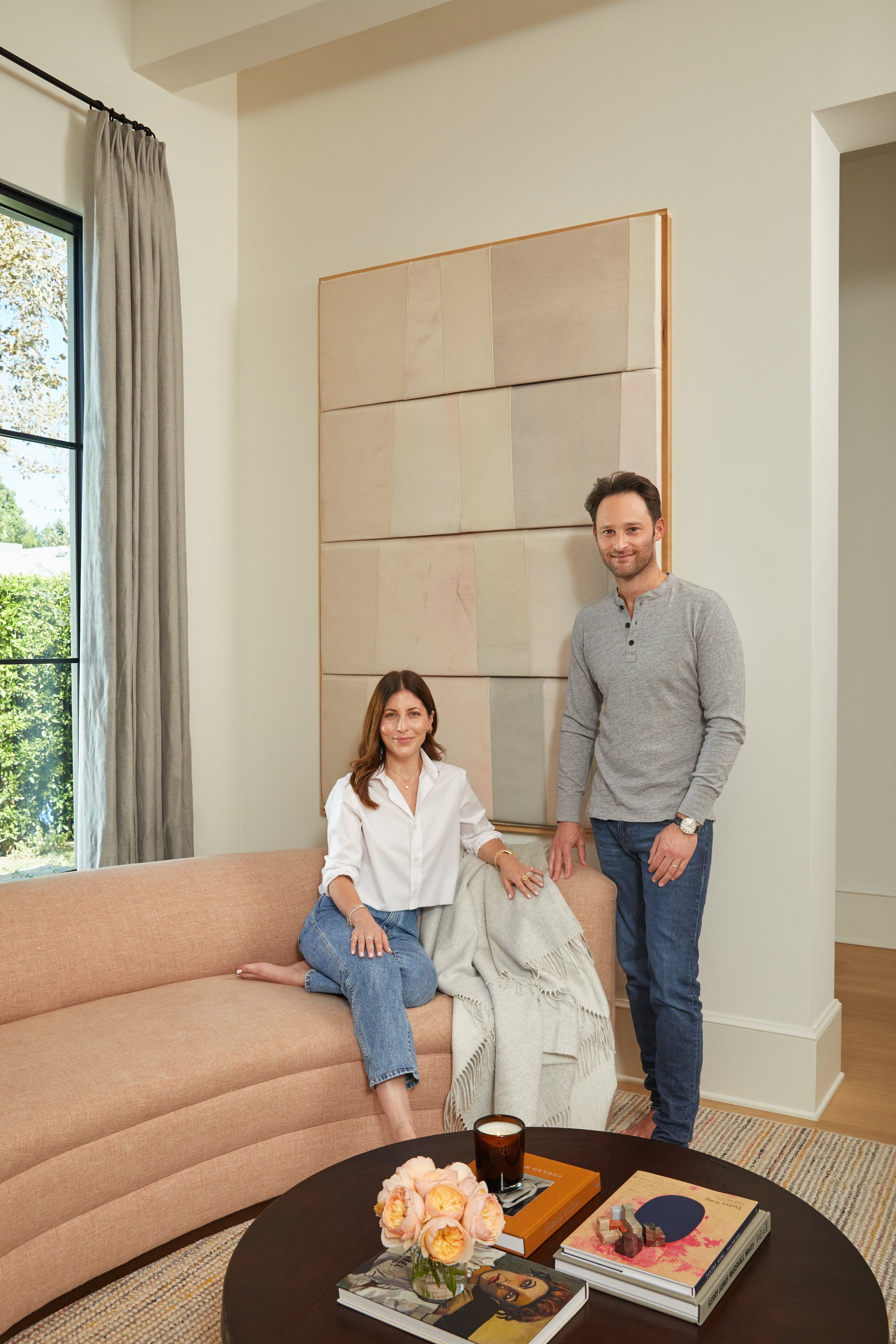 EF Collection Founder, Emily and husband, Justin featuring EF Home collaboration with Blankets