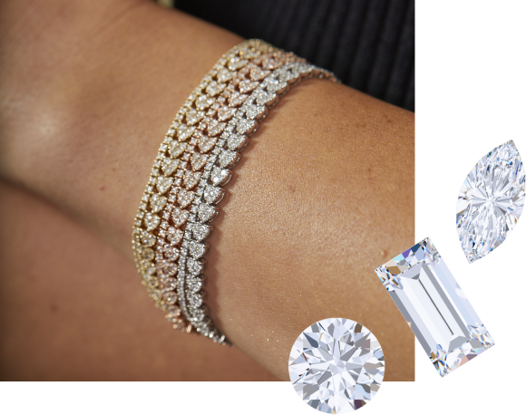 EF Collection diamond bracelets styled on wrist of model in 14k yellow gold, rose gold, and white gold. Diamond shapes displayed in round, emerald, and pear 
