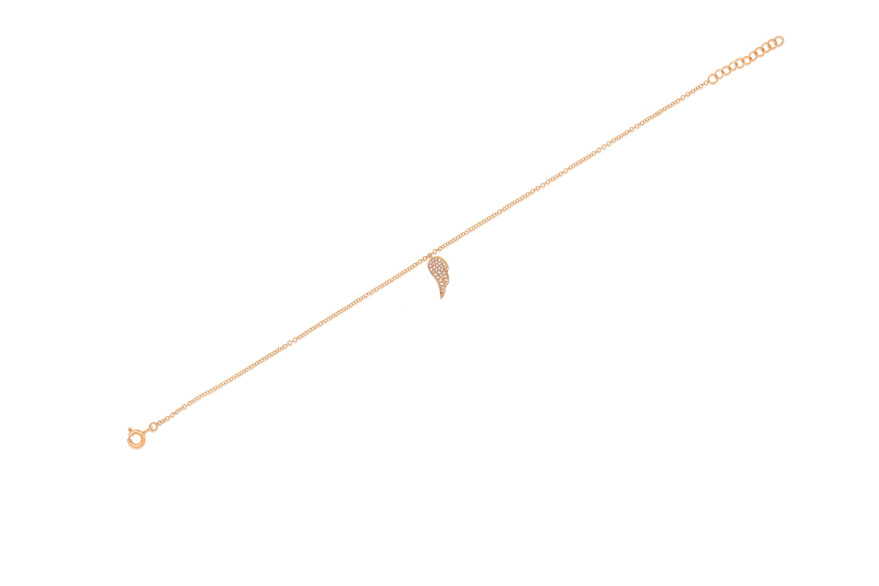 14k (karat) rose gold 8-inch anklet with one singular angel wing covered in 30 round diamonds.