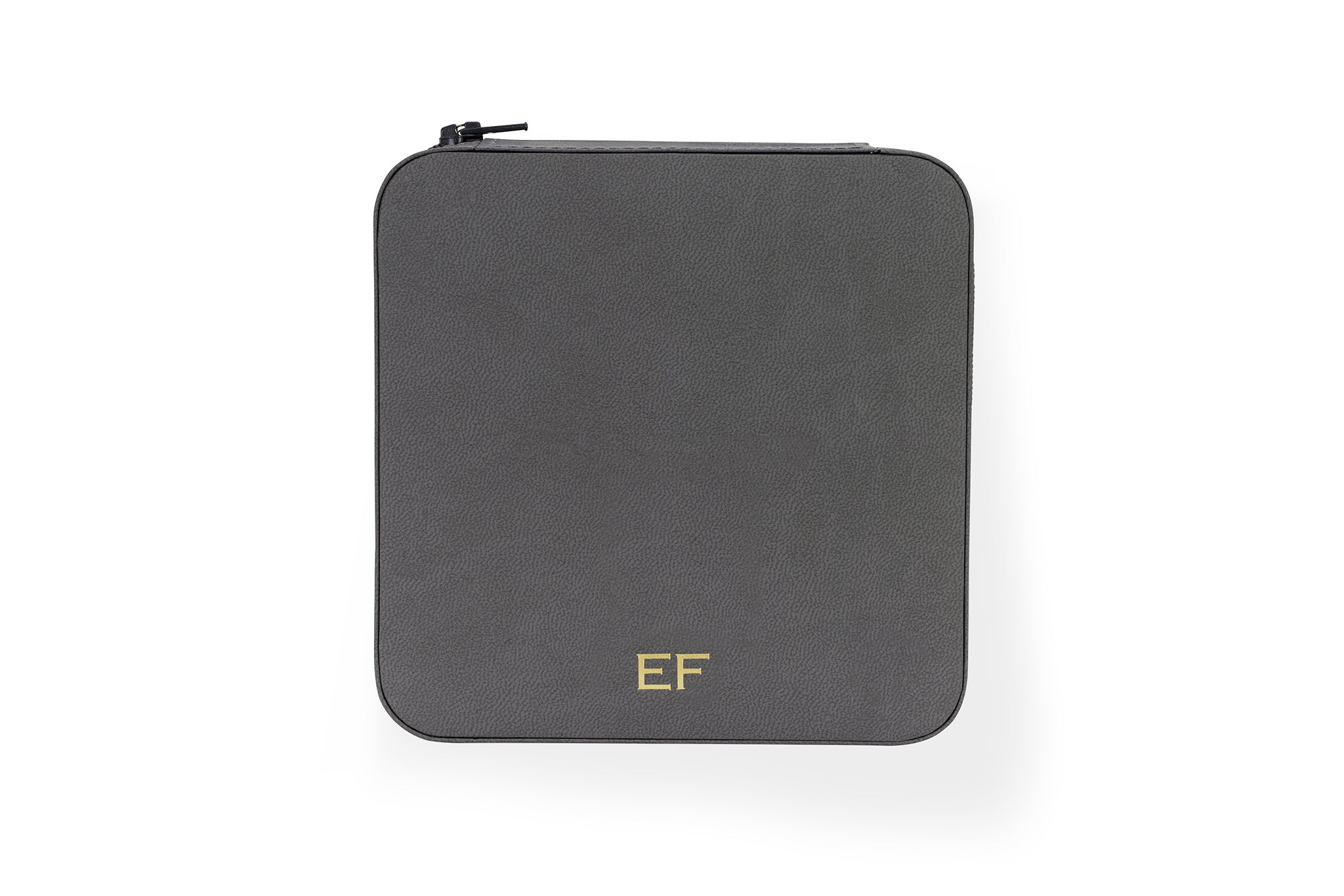 Grey Jewelry Travel Pouch with zipper enclosure and E and F gold initials monogram