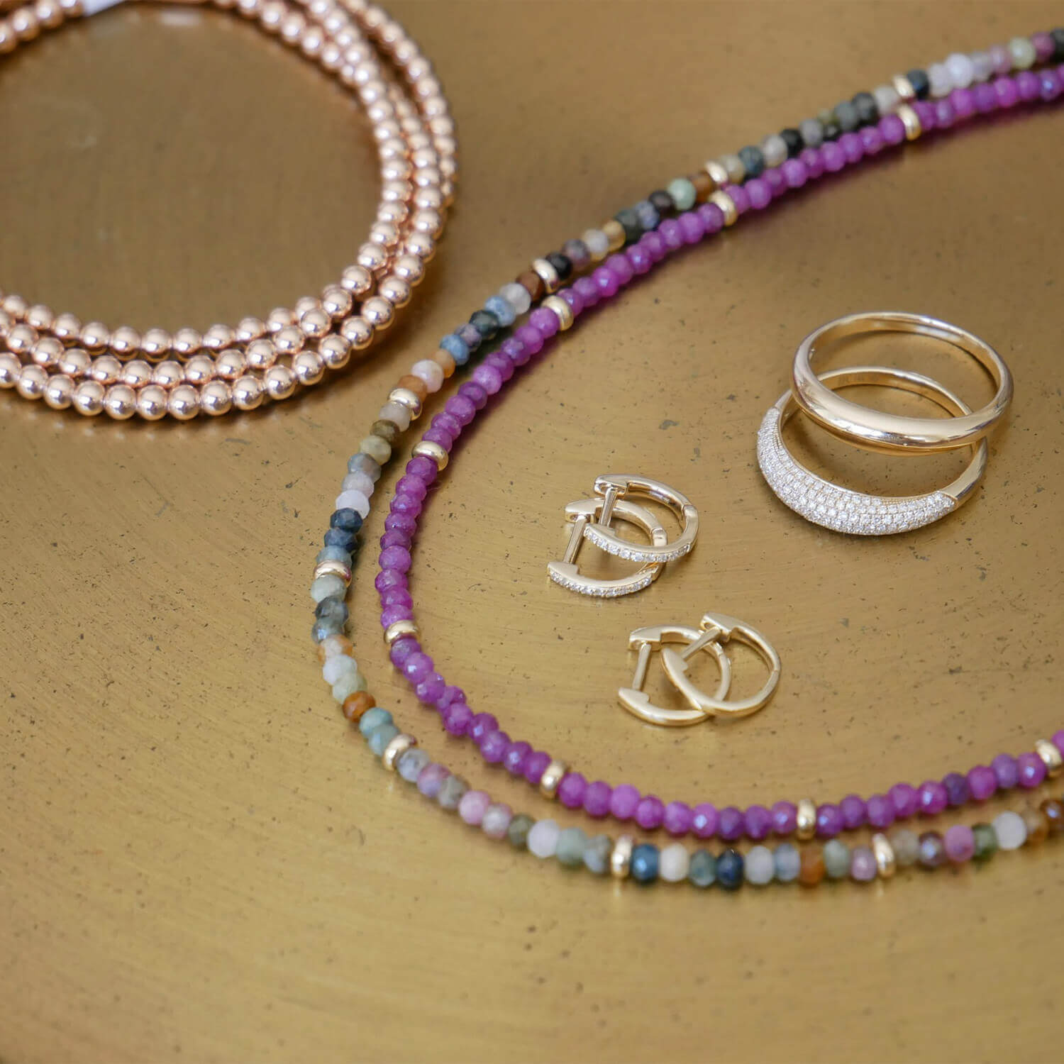 EF Collection 14k yellow gold and rose gold earrings, necklaces, rings, and bracelets, with semi-precious stones