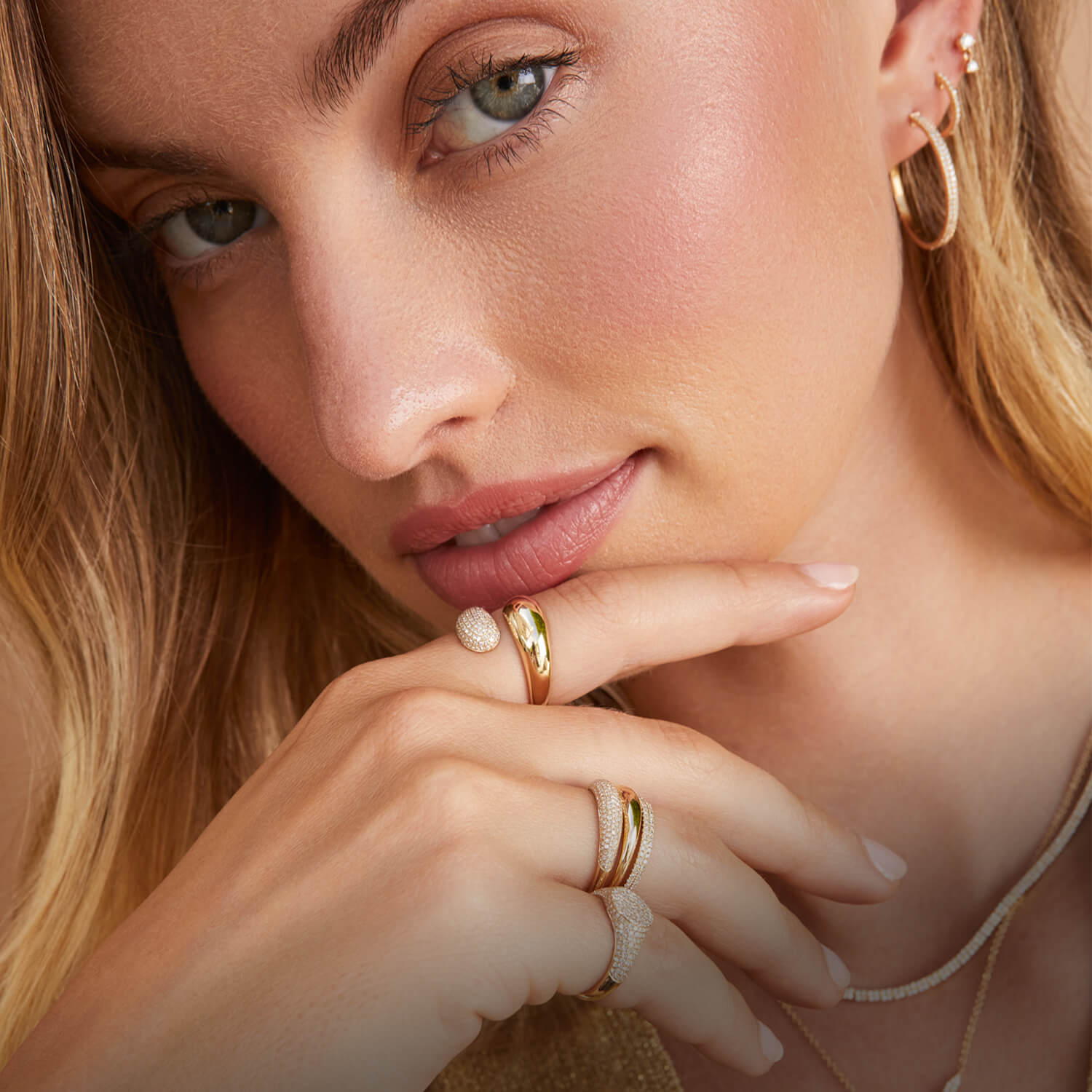 EF Collection 14k yellow gold and diamond rings styled on fingers of model