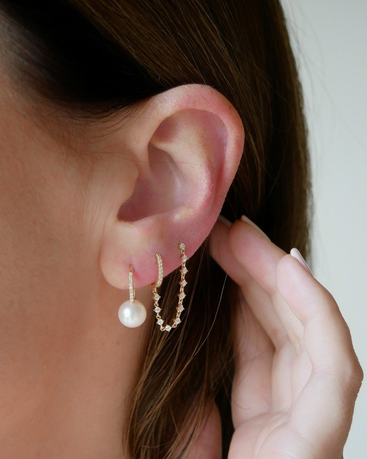 Diamond Mini Huggie and Prong Set Chain Stud Earring