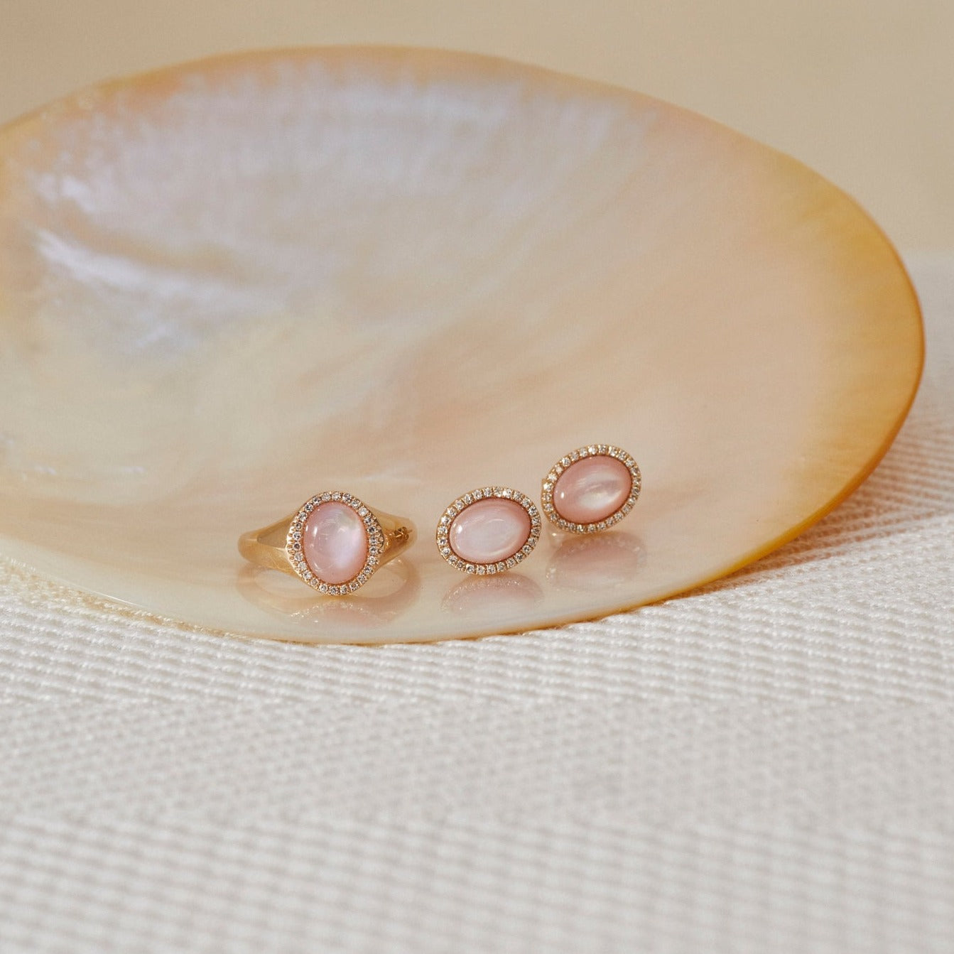 Diamond & Pink Mother of Pearl Cabochon Stud Earrings