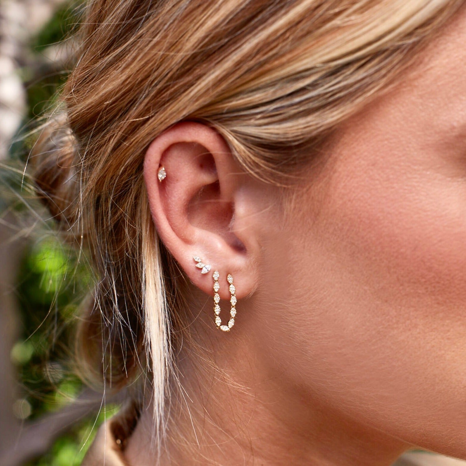 Single Pavé Diamond Marquise Double Stud Earring styled on ear of model