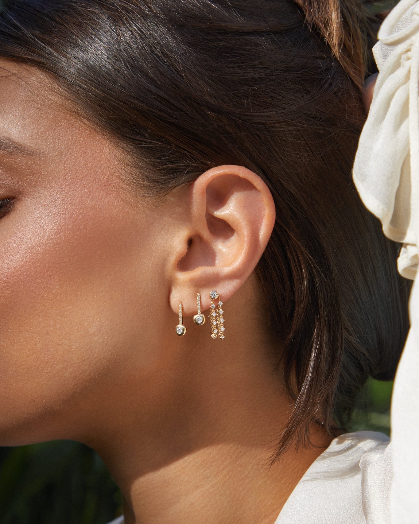 Diamond Bezel Double Chain Stud Earring