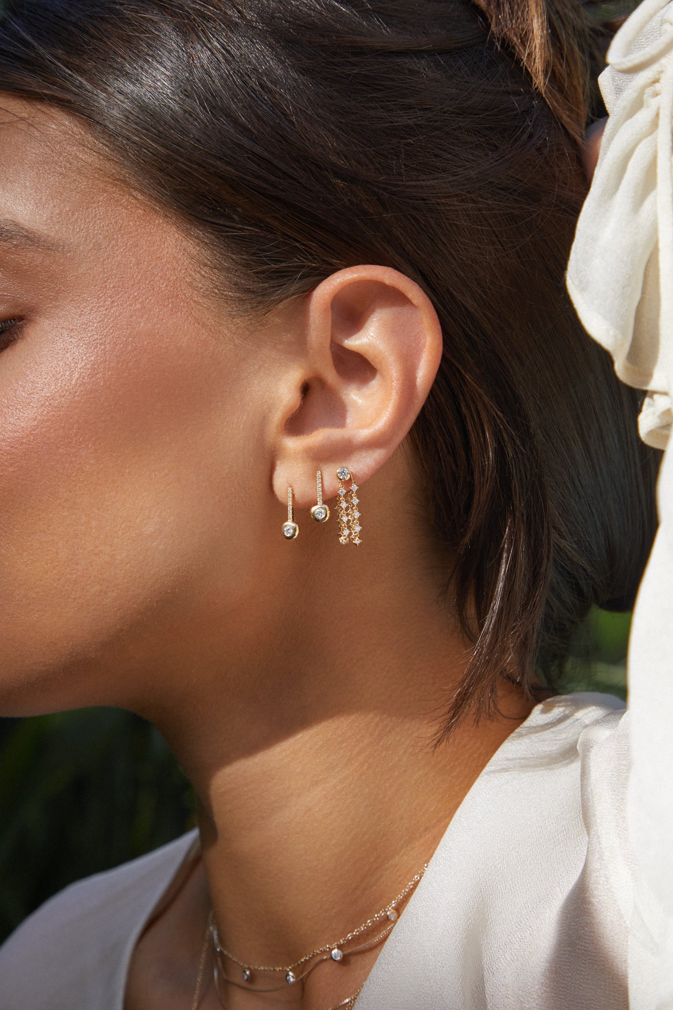 Diamond Bezel Double Chain Stud Earring