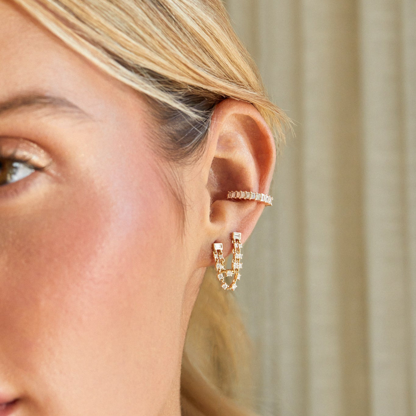 Baguette Double Diamond Chain Stud Earring