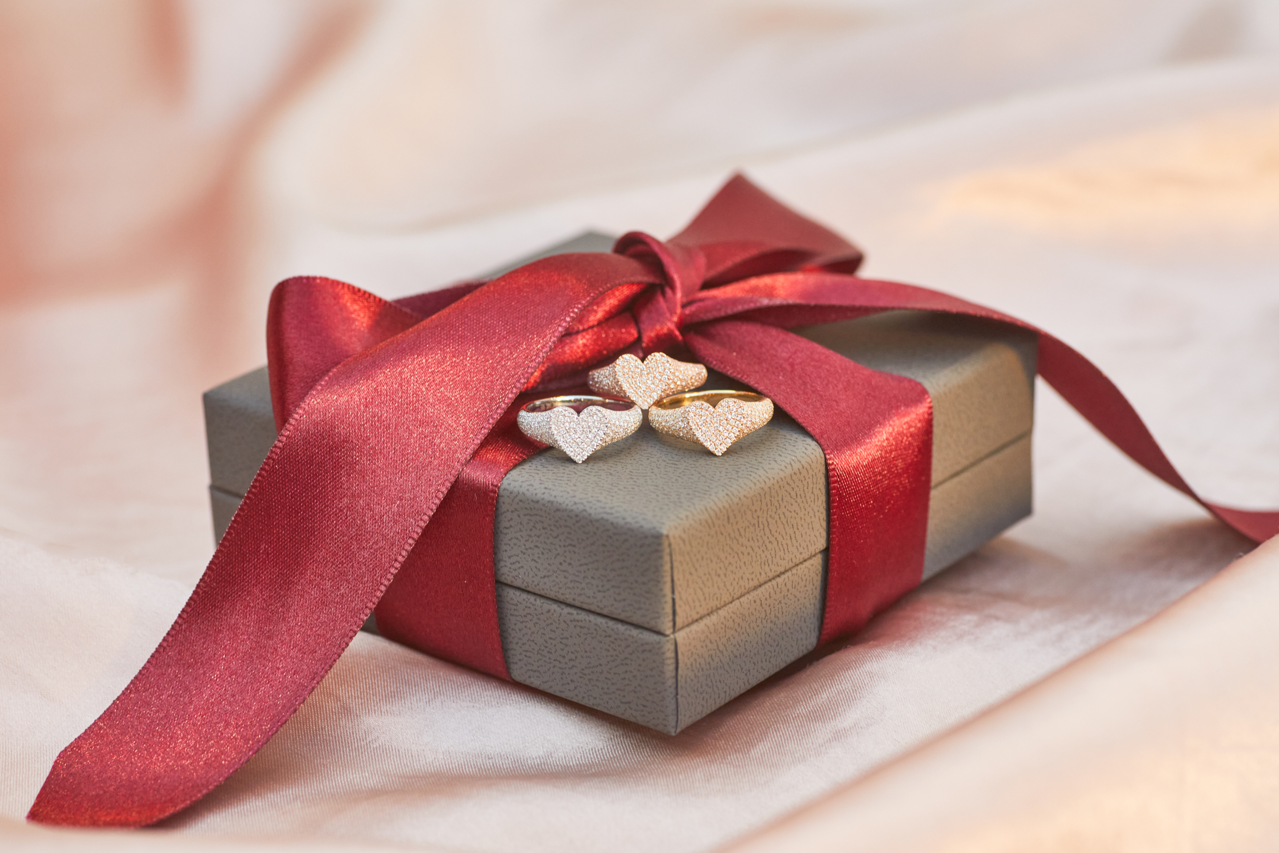 EF Collection 14k heart signet rings with diamonds on box with red ribbon