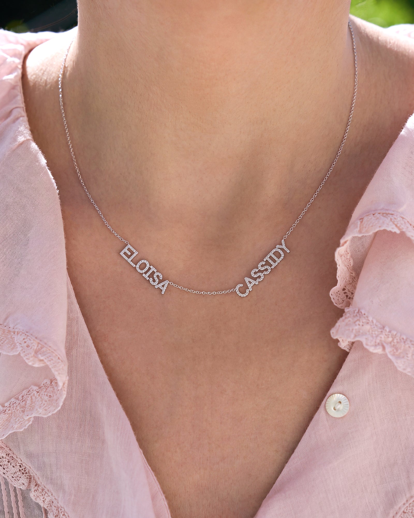 Double Diamond Block Name Necklace