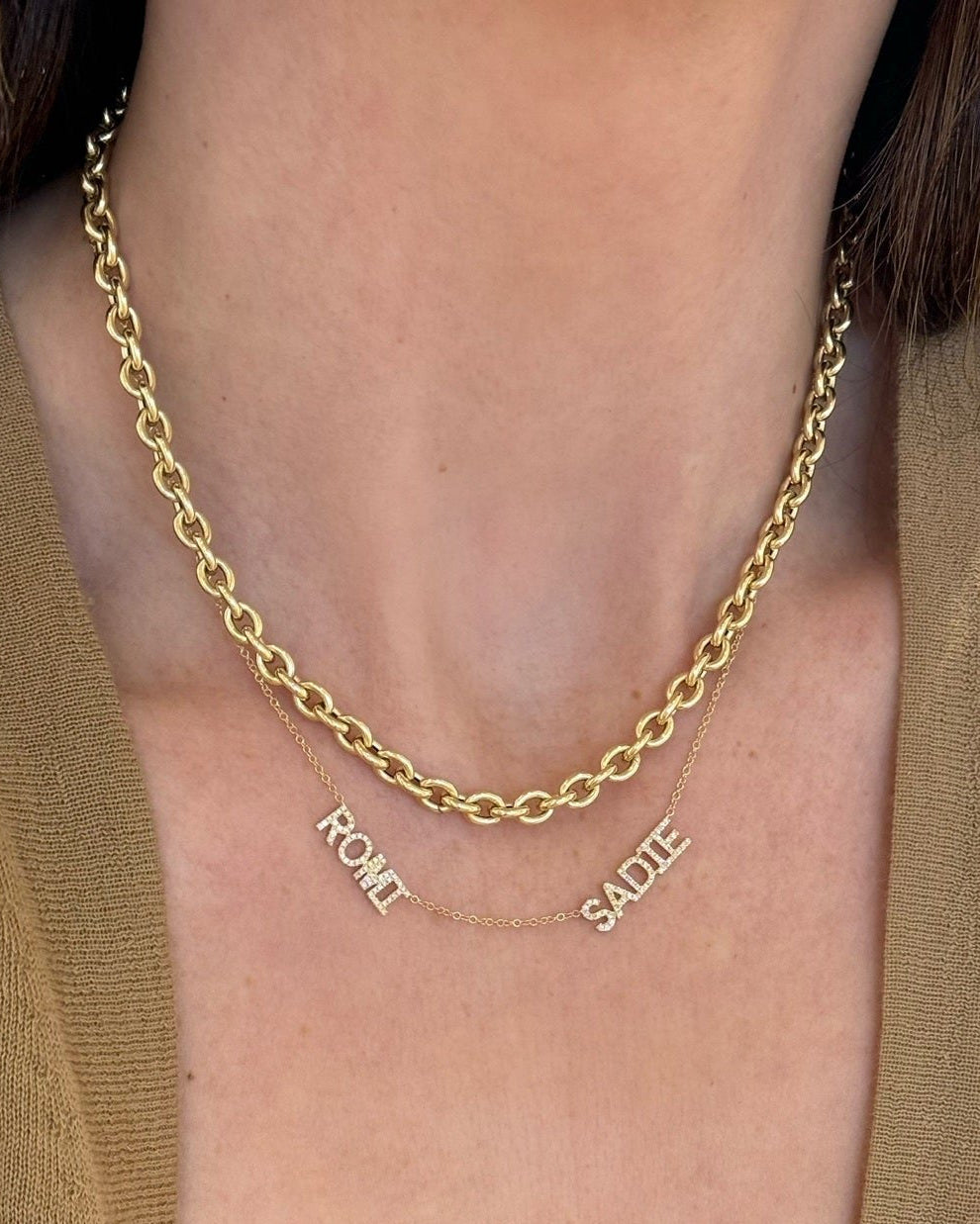 Double Diamond Block Name Necklace