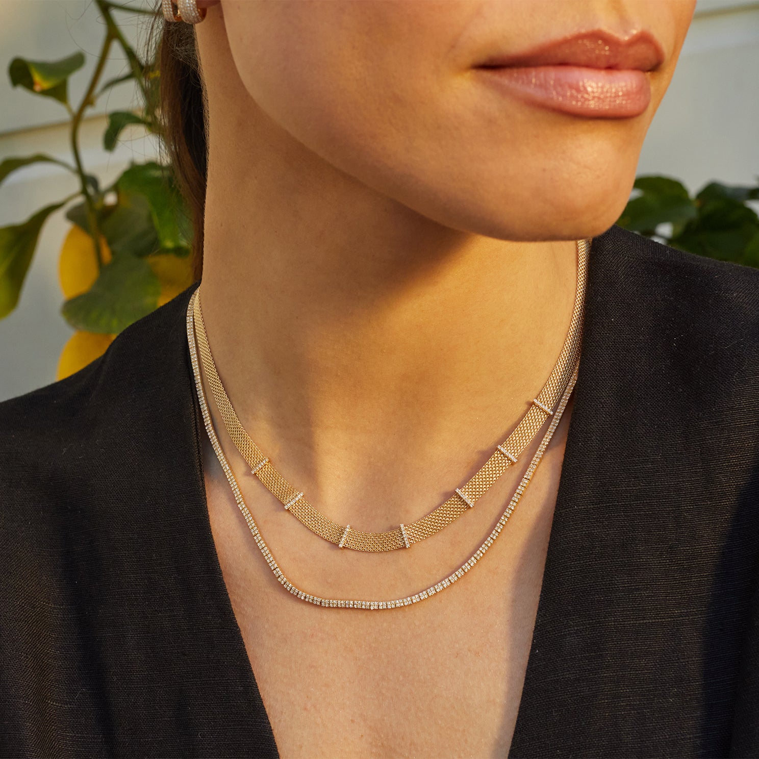 Diamond Bar Mesh Necklace in 14k yellow gold styled on neck of model in black blouse