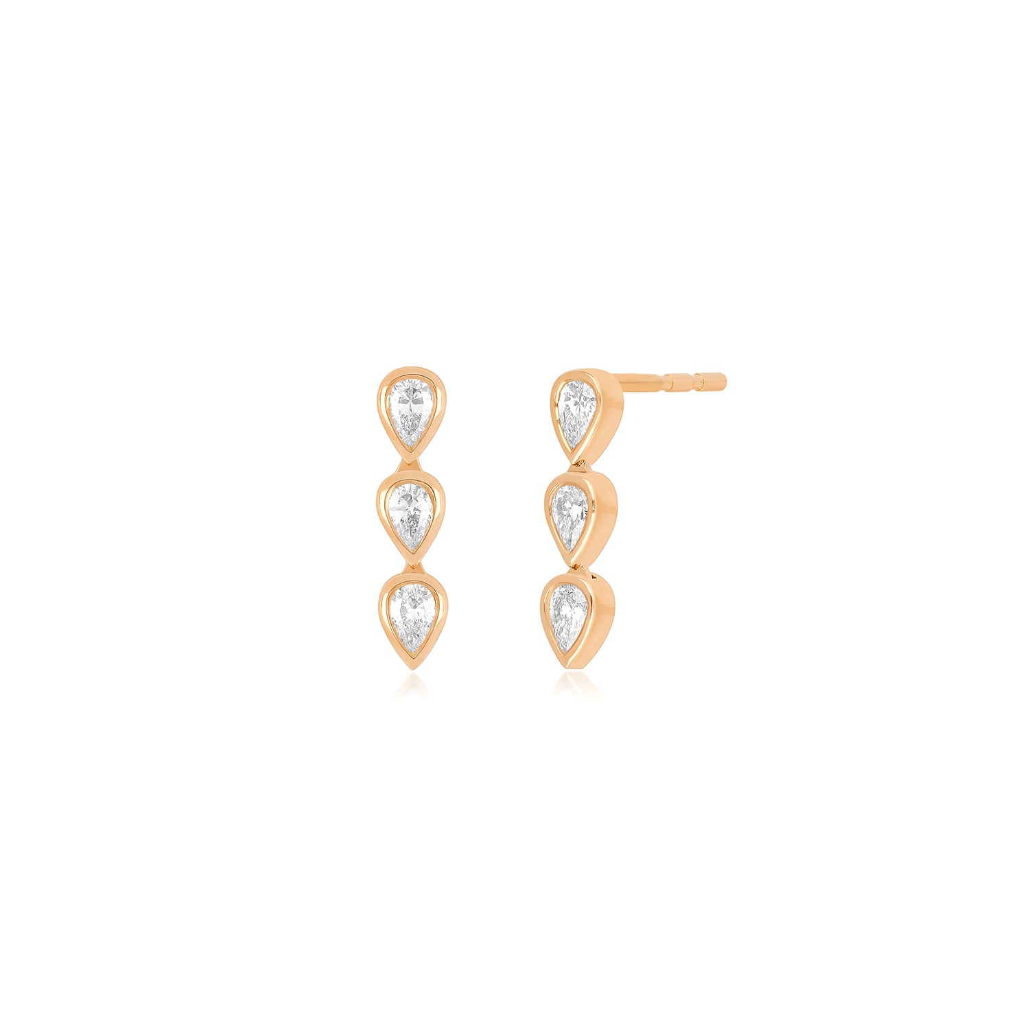 Bezel Set Triple Diamond Pear Stud Earrings in 14k rose gold