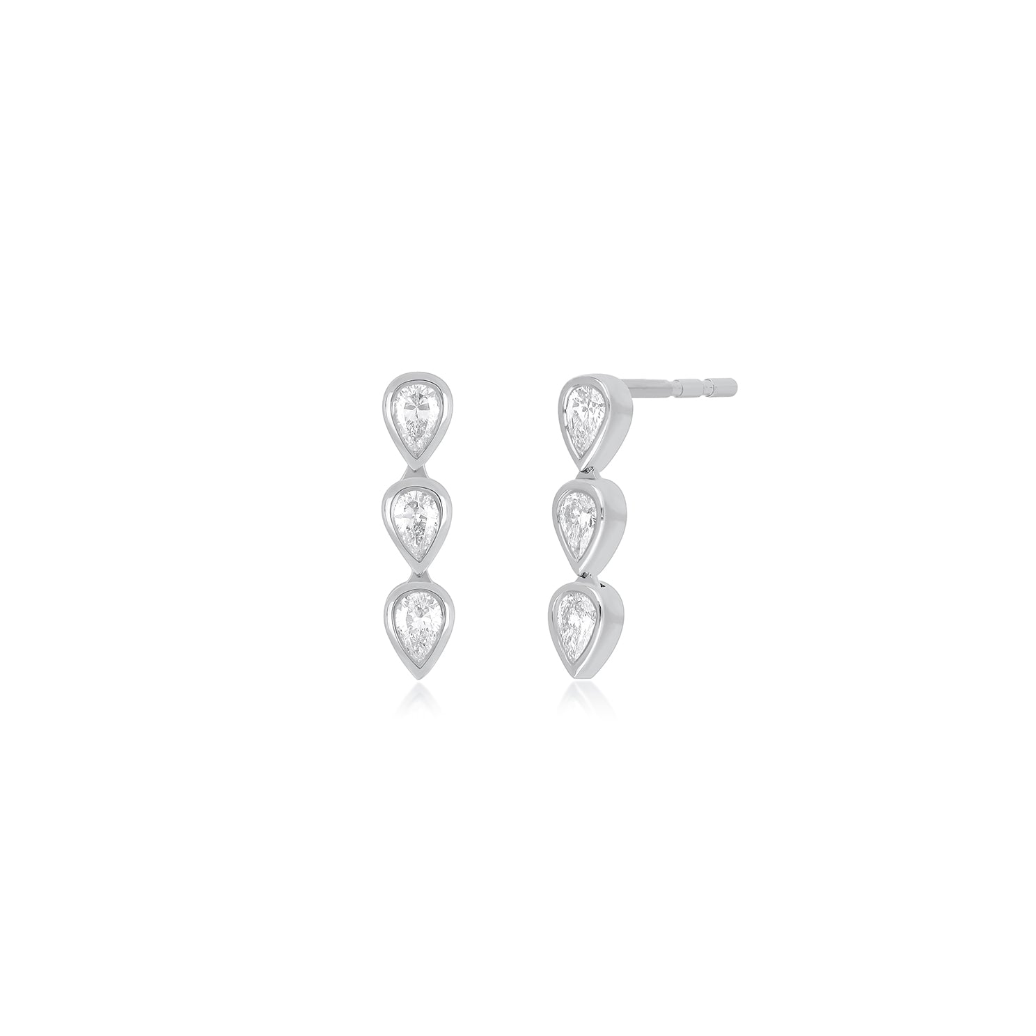 Bezel Set Triple Diamond Pear Stud Earrings in 14k white gold