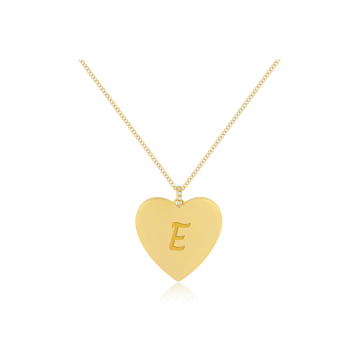 Gold Jumbo Heart Necklace in 14k yellow gold engraved with the initial E