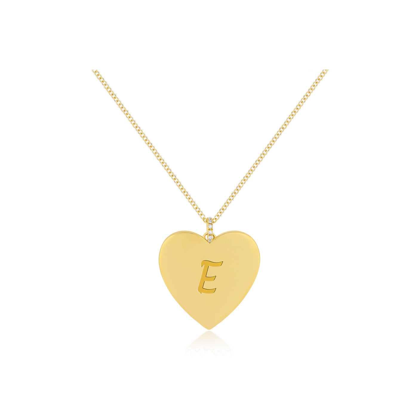 Gold Jumbo Heart Necklace in 14k yellow gold engraved with the initial E
