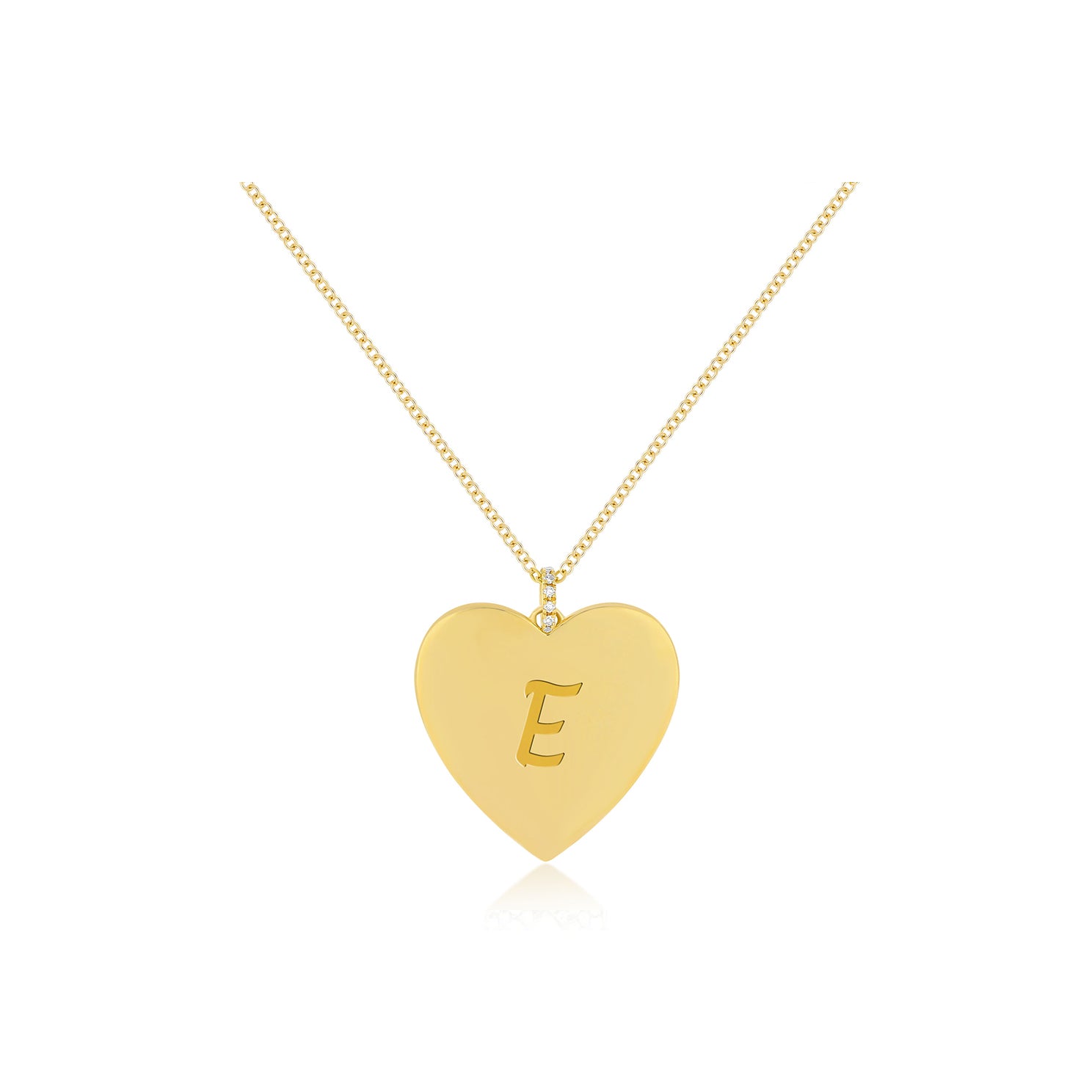 Gold Jumbo Heart Necklace in 14k yellow gold engraved with the initial E