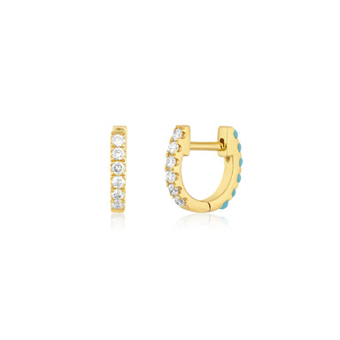 Reversible Diamond & Turquoise Mini Huggie Earring in 14k yellow gold