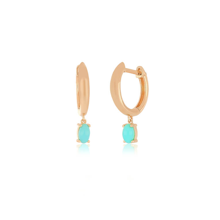 Turquoise Oval Drop Gold Dome Huggie Earring in 14k rose gold