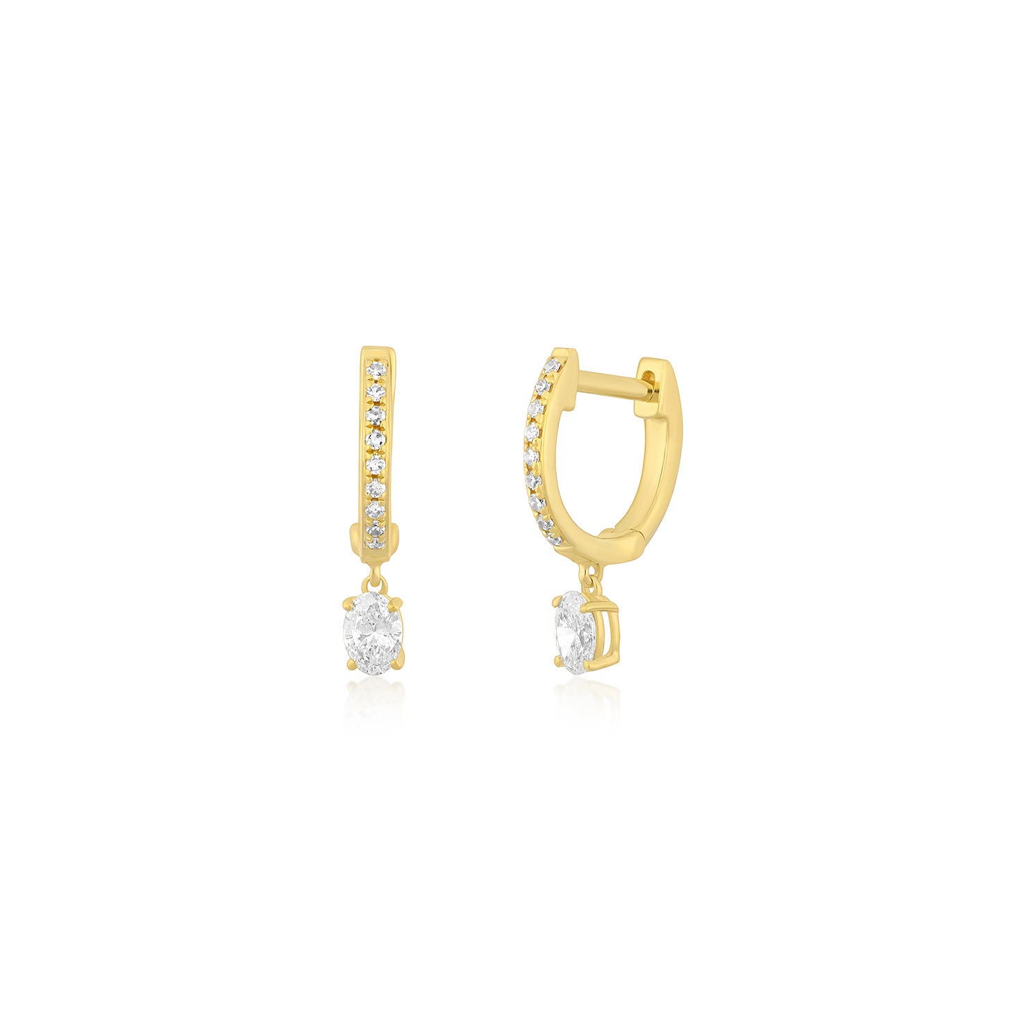Oval Drop Diamond Mini Huggie Earring in 14k yellow gold