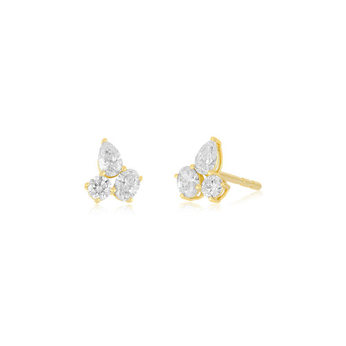 Triple Diamond Cluster Stud Earrings in 14k yellow gold