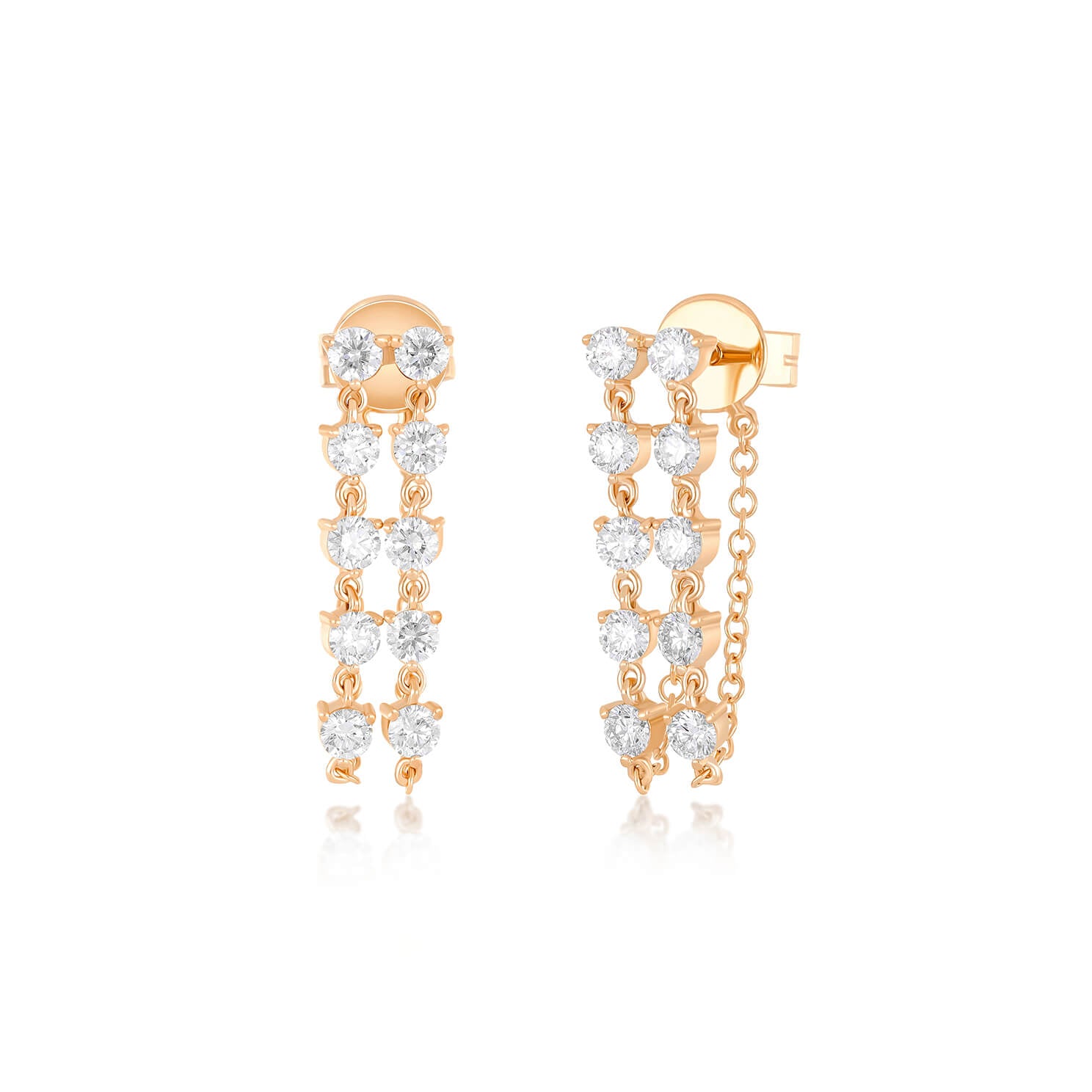 Double Multi Diamond Chain Stud Earring in 14k rose gold