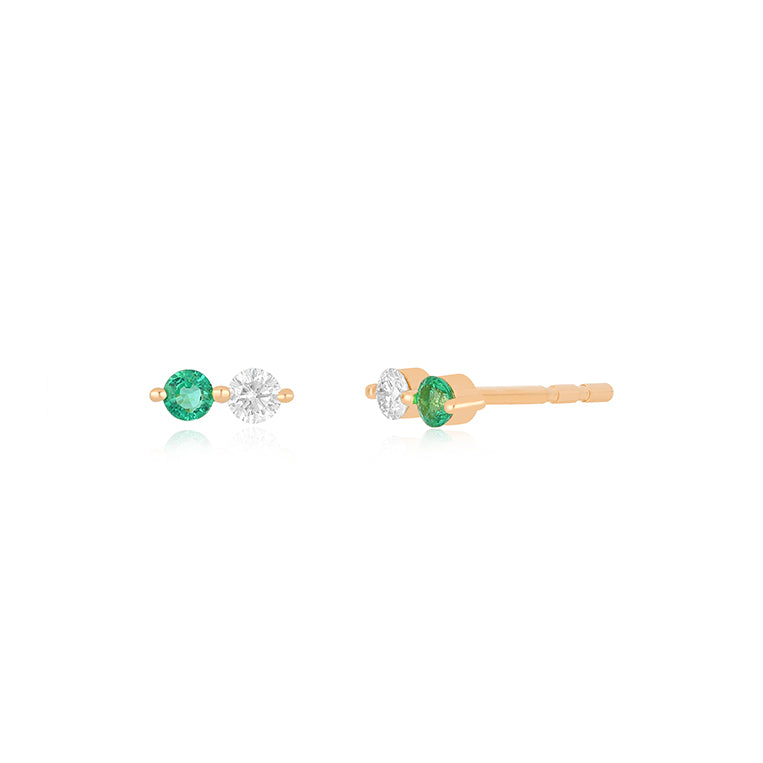 Diamond & Emerald Double Stud Earring in 14k rose gold