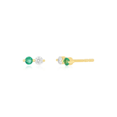 Diamond & Emerald Double Stud Earring in 14k yellow gold