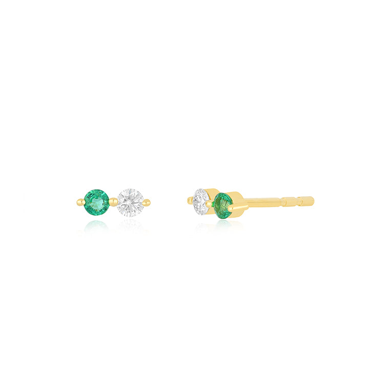 Diamond & Emerald Double Stud Earring in 14k yellow gold