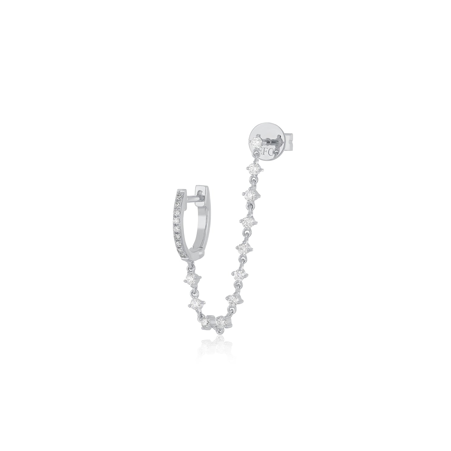 Diamond Mini Huggie & Prong Set Chain Stud Earring in 14k white gold