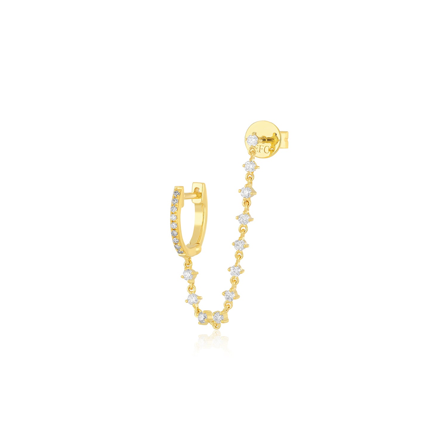 Diamond Mini Huggie & Prong Set Chain Stud Earring in 14k yellow gold