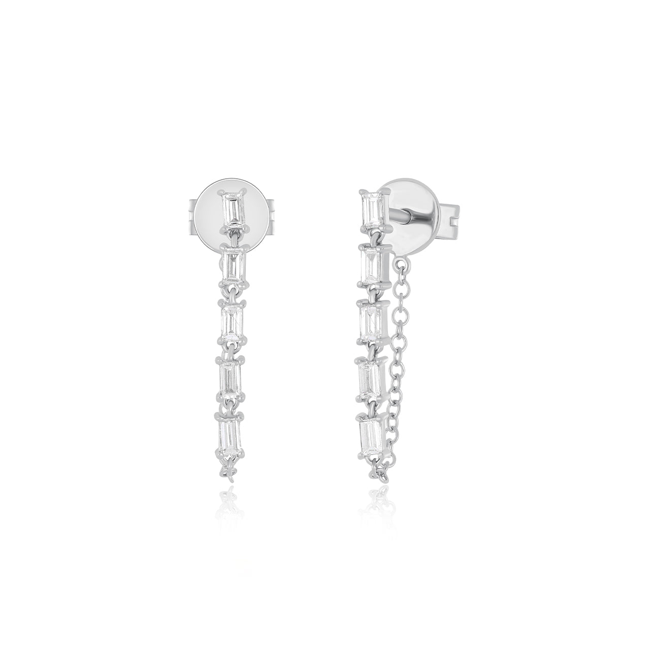 Multi Diamond Baguette Chain Stud Earring in 14 white gold