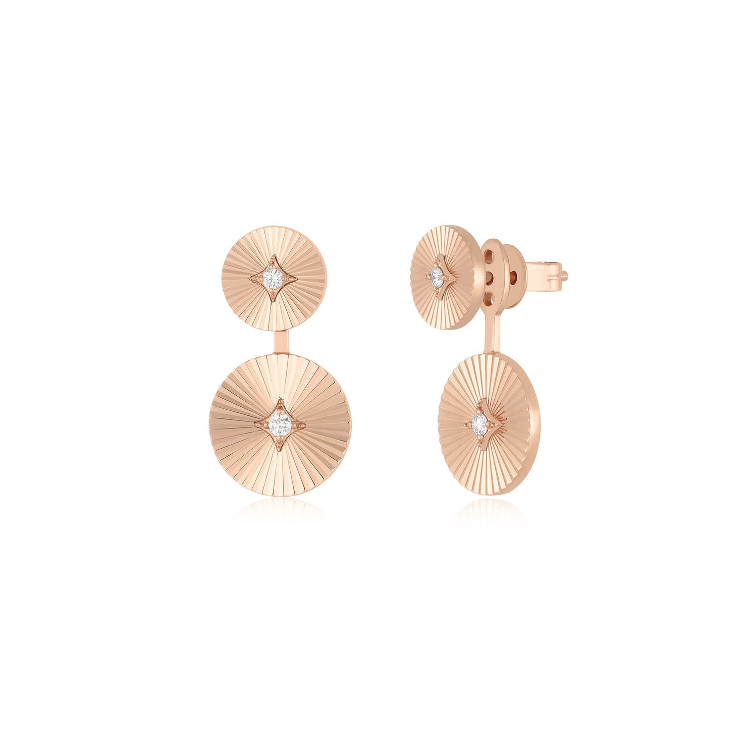 Double Gold & Diamond Fluted Disc Stud Earrings