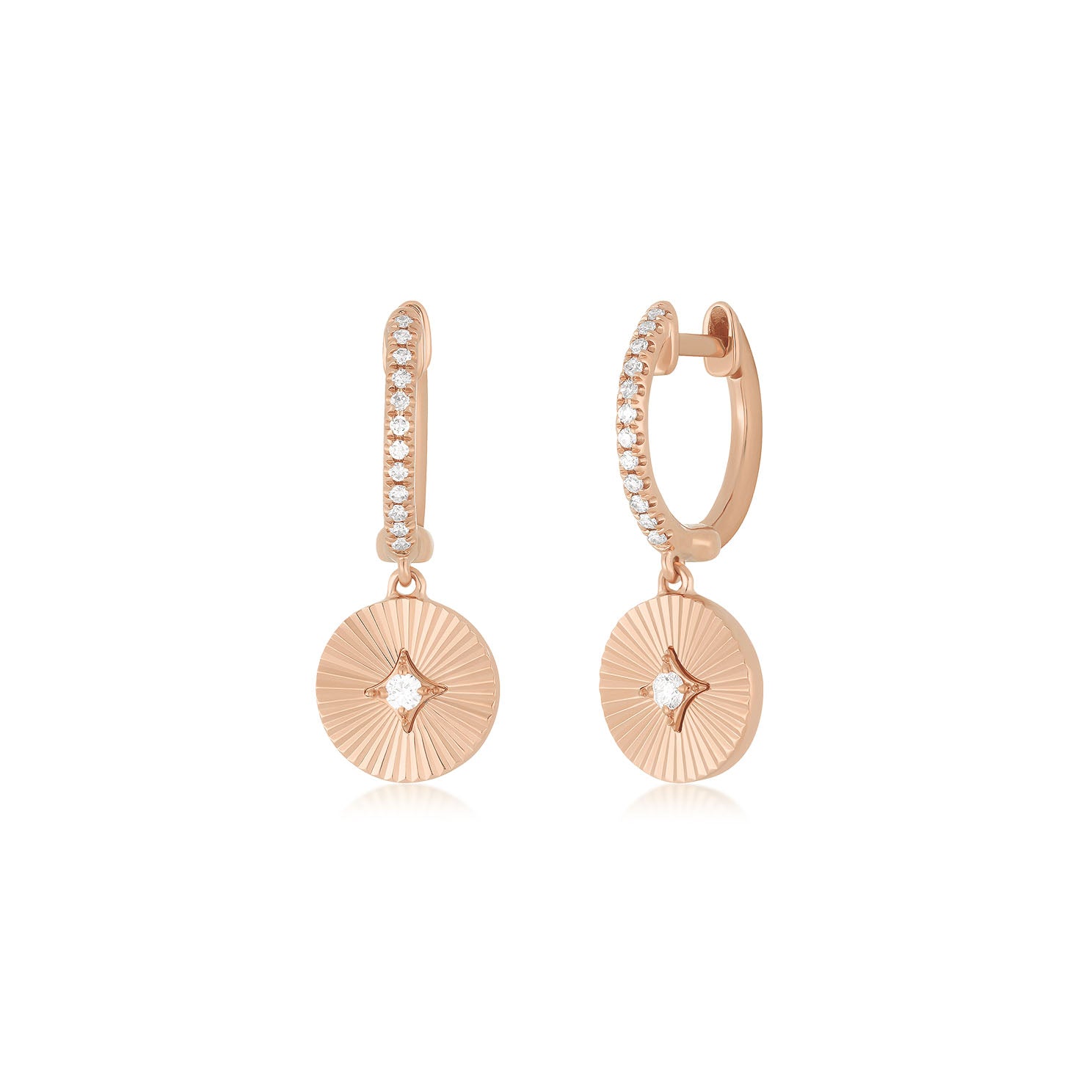 Gold & Diamond Fluted Disc Drop Huggie Earrings