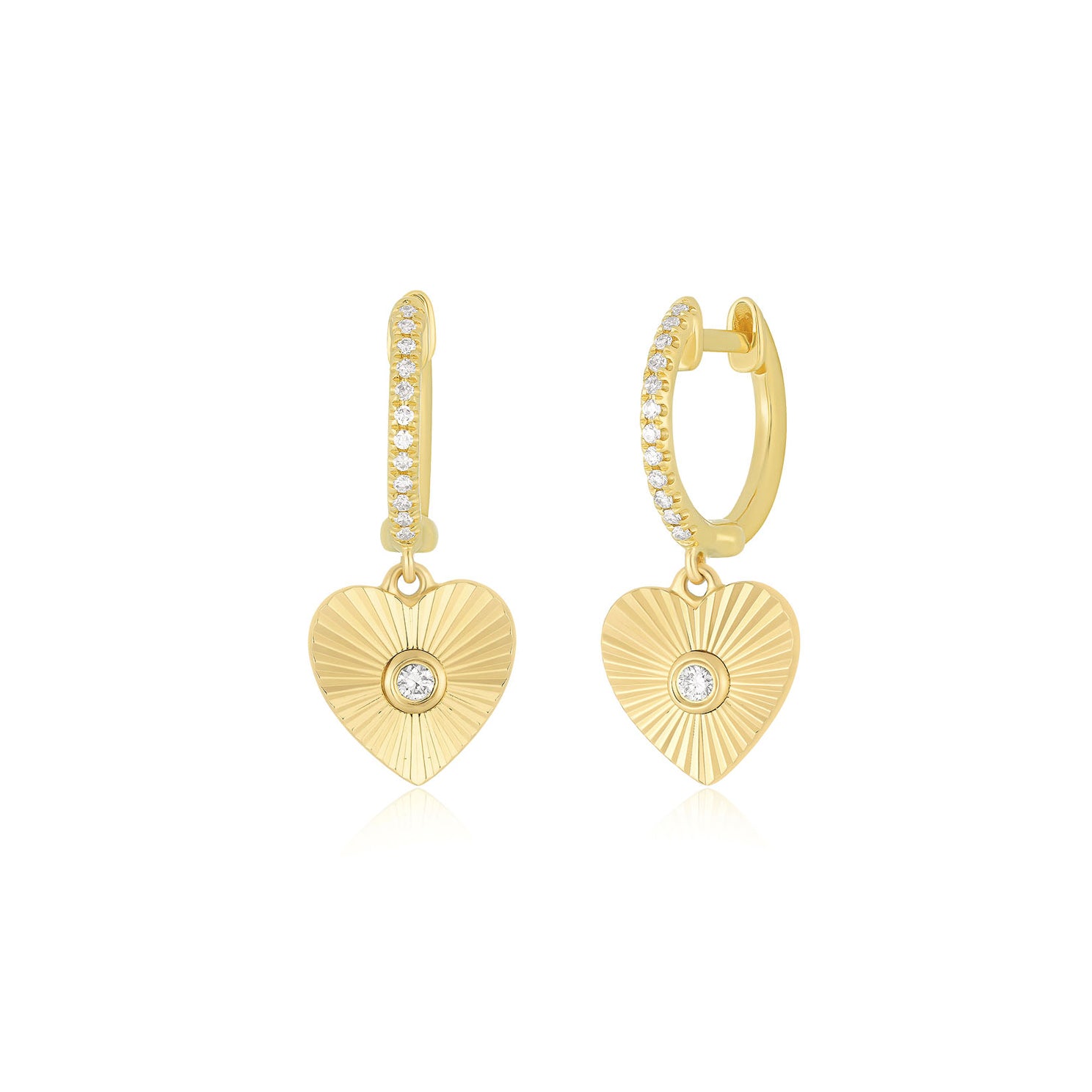 Gold & Diamond Fluted Heart Drop Huggie Earrings
