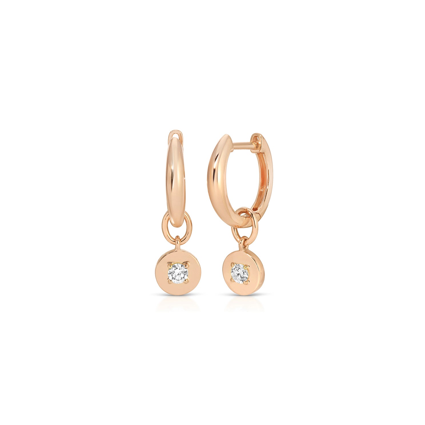 Gold Frame Round Diamond Huggie Charm on Gold Dome Huggie Earring