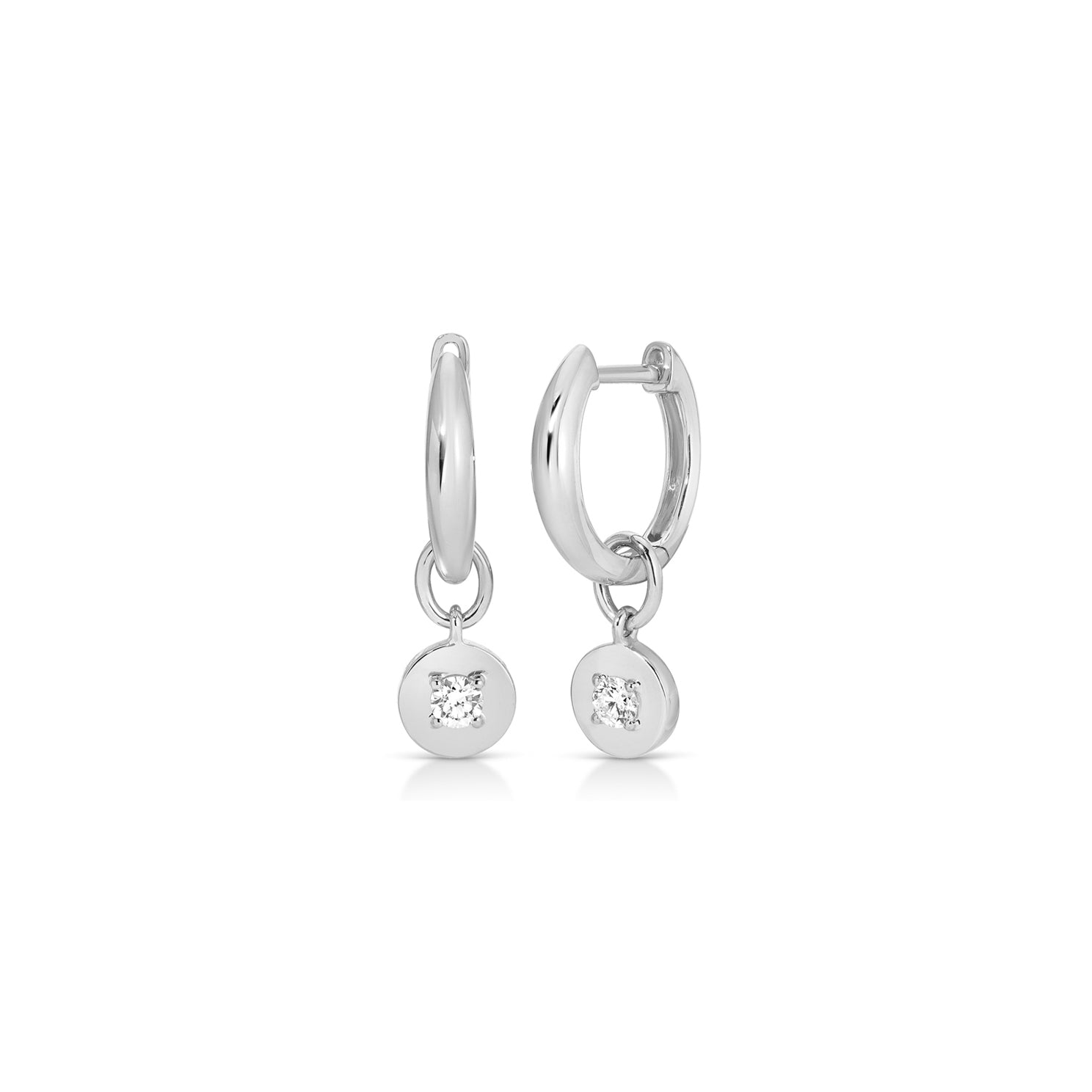 Gold Frame Round Diamond Huggie Charm on Gold Dome Huggie Earring