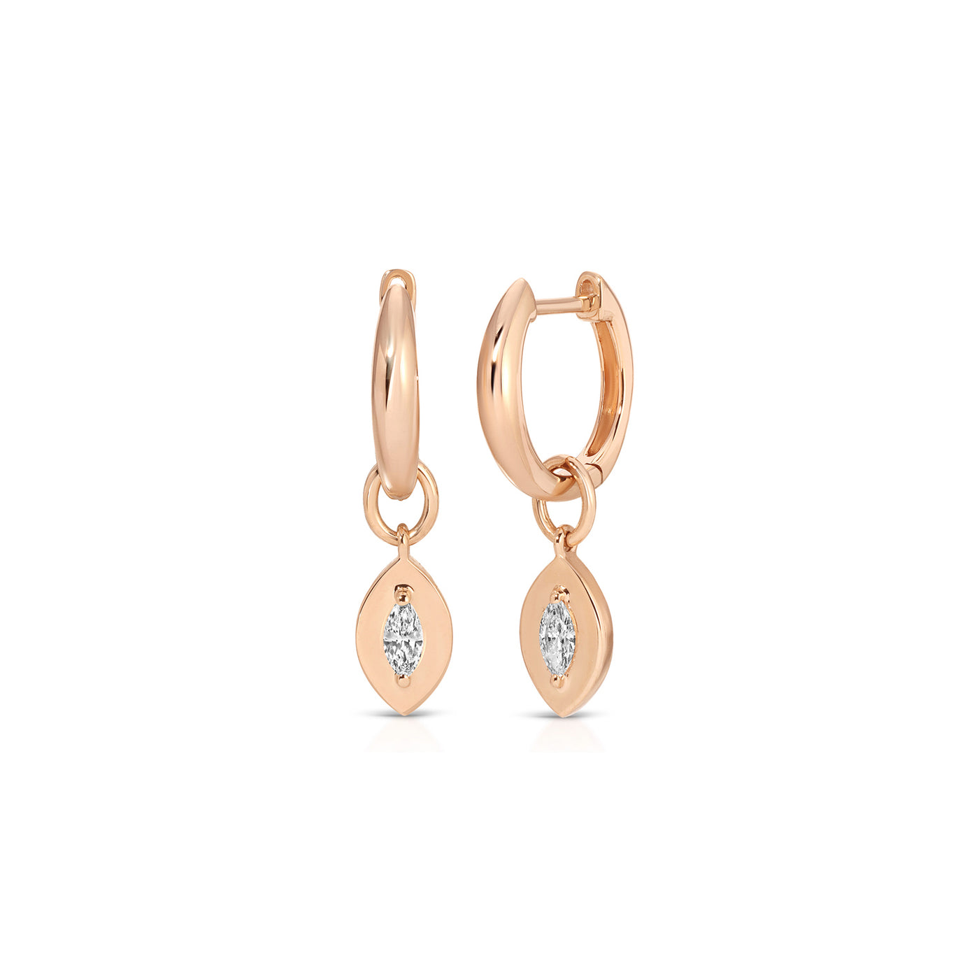 Gold Frame Marquise Diamond Huggie Charm on Gold Dome Huggie Earring