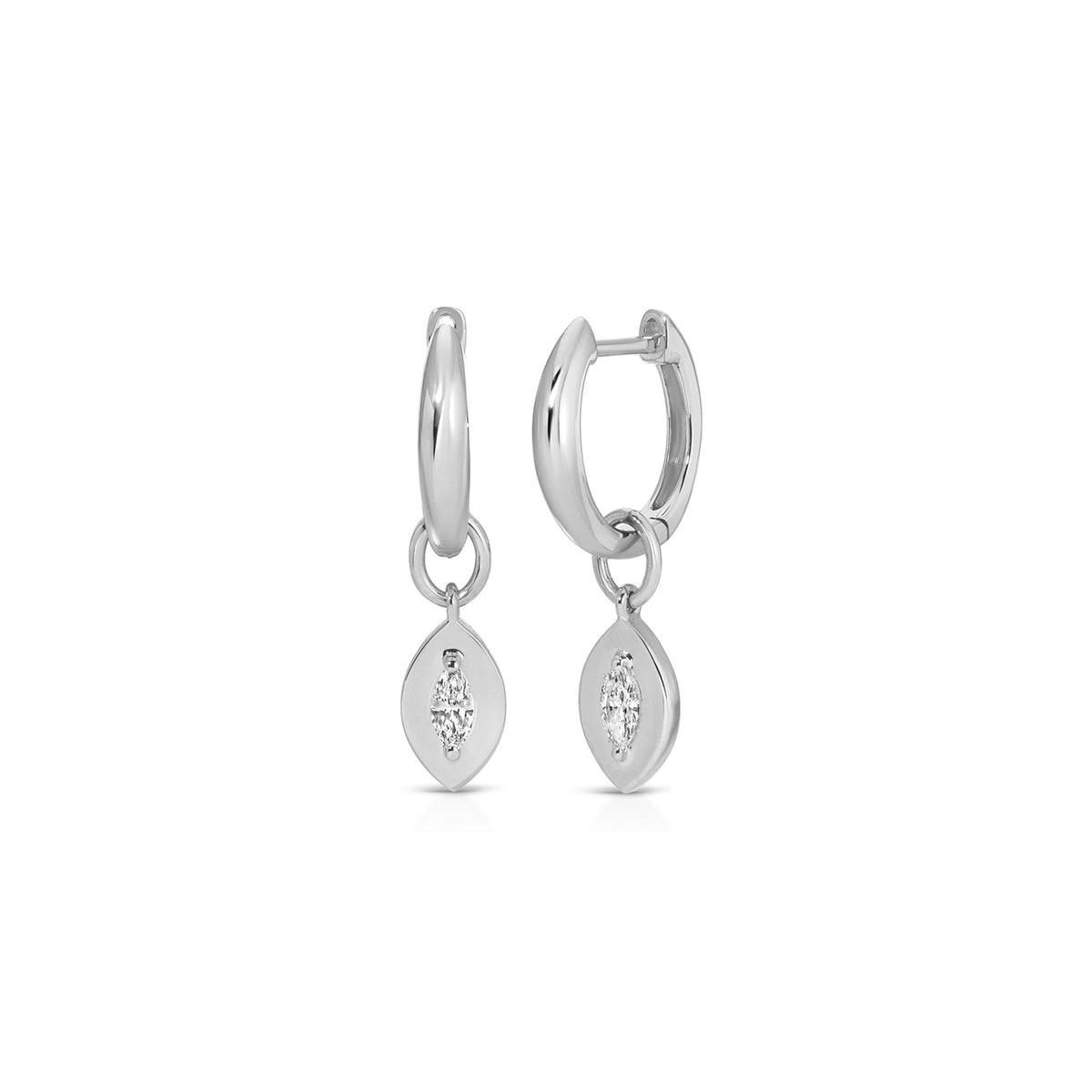 Gold Frame Marquise Diamond Huggie Charm on Gold Dome Huggie Earring