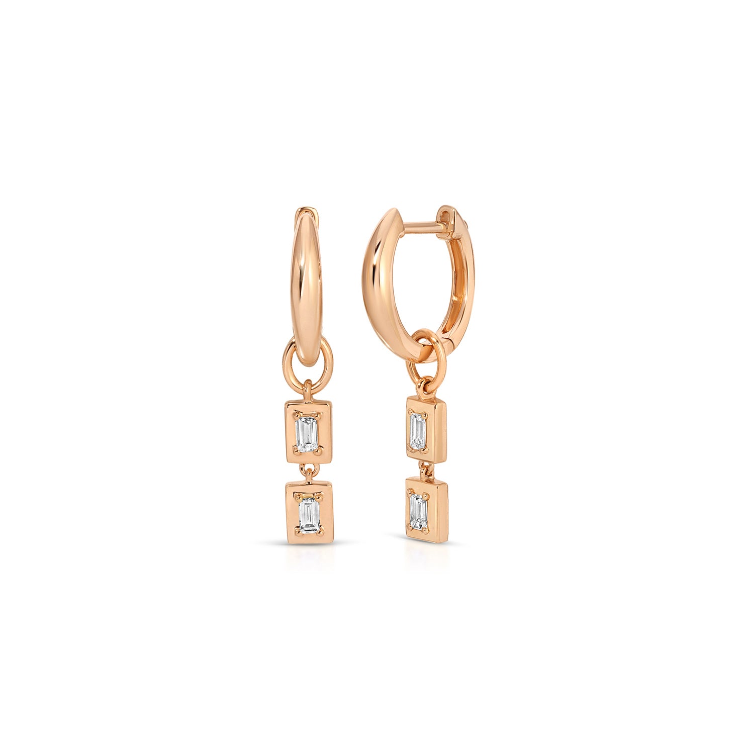 Gold Frame Double Baguette Diamond Huggie Charm on Gold Dome Huggie Earring