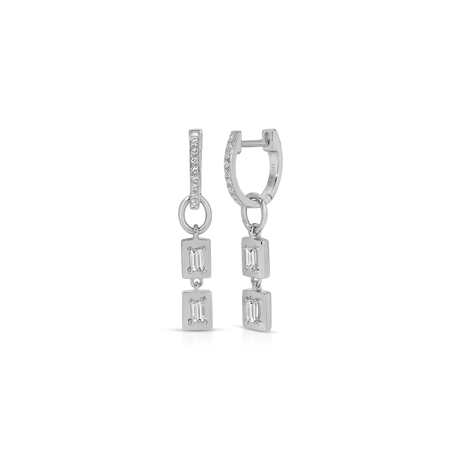 Gold Frame Double Baguette Diamond Huggie Charm on Diamond Mini Huggie Earring