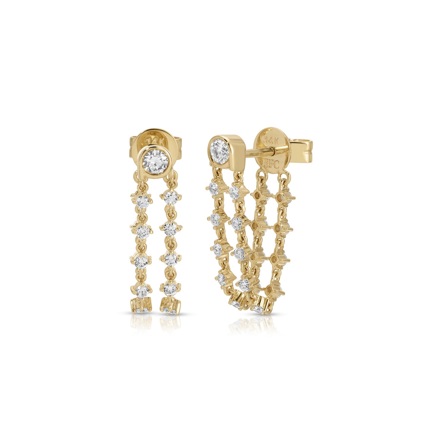 Diamond Bezel Double Chain Stud Earring