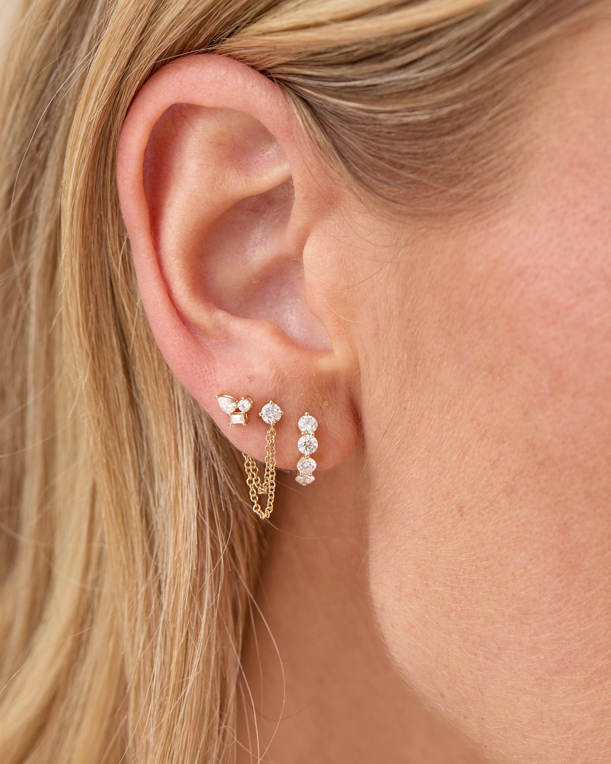 Solitaire Diamond Chain Stud Earrings