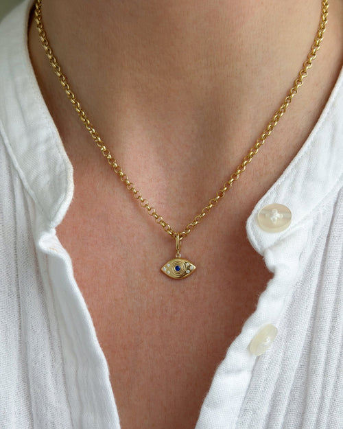 Diamond and Blue Sapphire Evil Eye Clip Charm on Mini Sienna Chain Necklace
