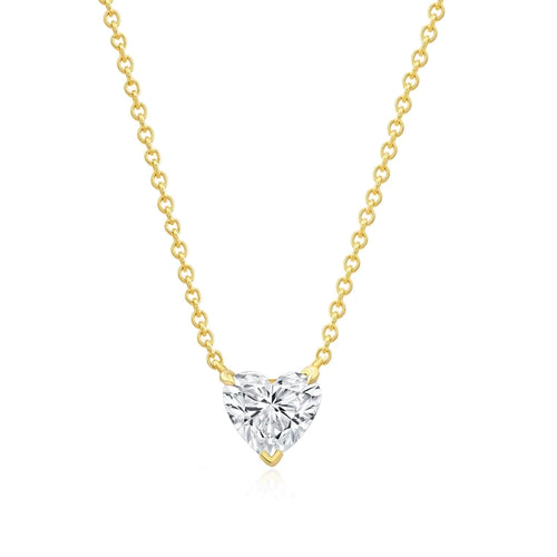 Diamond Heart Solitaire Necklace in 14k yellow gold chain with 1 carat heart shaped diamond