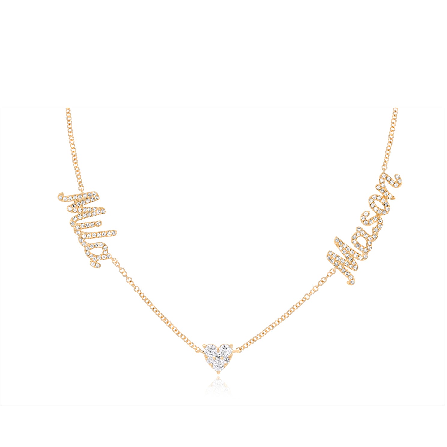 Full Cut Heart Double Diamond Script Name Necklace with names Mila and Mason with heart in the middle of necklace in 14k rose gold