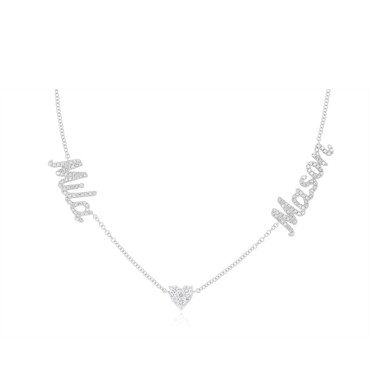 Full Cut Heart Double Diamond Script Name Necklace with names Mila and Mason with heart in the middle of necklace in 14k white gold