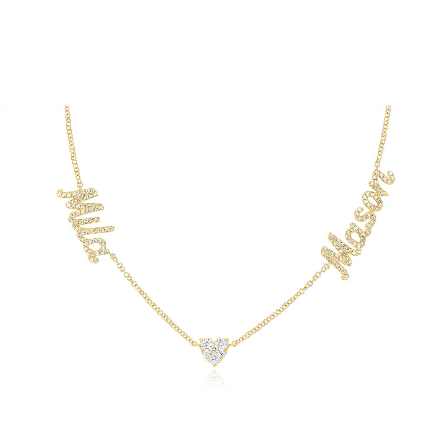 Full Cut Heart Double Diamond Script Name Necklace with names Mila and Mason with heart in the middle of necklace in 14k yellow gold