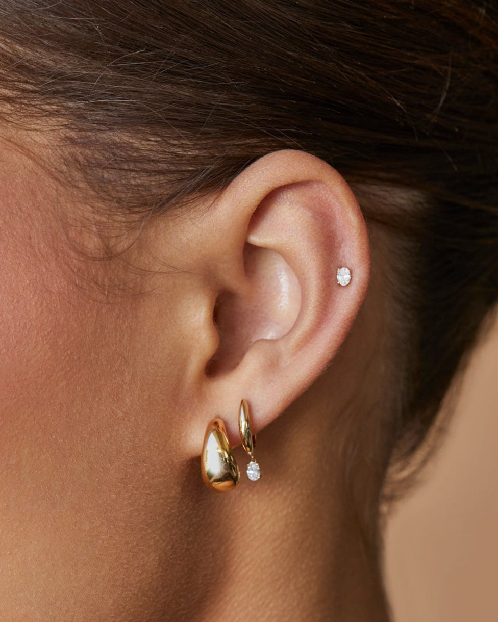 Diamond Oval Drop Gold Dome Huggie Earring